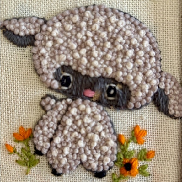 Vintage| Set of 3| 1970s Embroidered Crewel Bunny, Bear, Lamb Framed Nursery Art - Picture 3 of 4